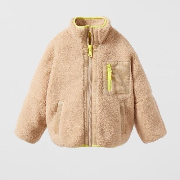 Zara Other - Zara Kids Unisex Fleece Jacket Teddy Tan Yellow Zip Up size 6 Girls Boy Sweater